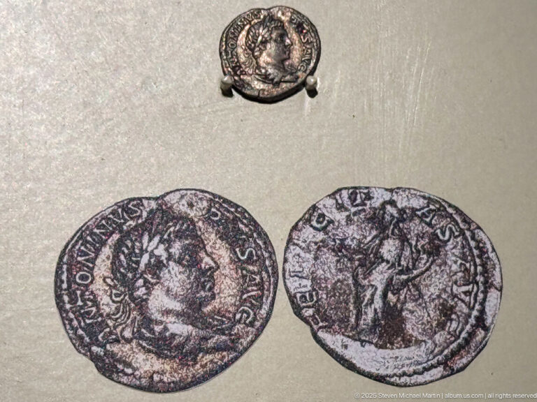 Small silver-colored coin above enlarged images of a portrait obverse and figure reverse with circular inscriptions.