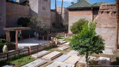 Garden graves and a leafy tree below a green-tiled pavilion, enclosed by high earthen walls at the Saadian Tombs.