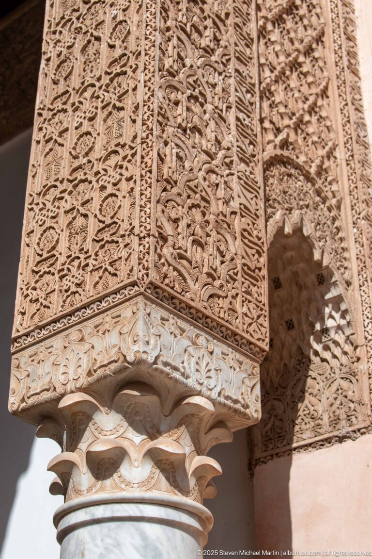 Close-up of a carved stucco pier and lobed capital covered with dense vegetal relief ornament.