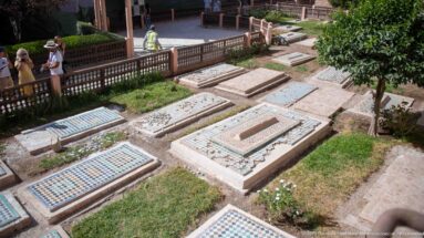 Raised rectangular graves with geometric tilework arranged in a garden cemetery beside railings and a leafy tree.