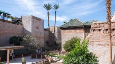 Green-tiled Saadian roof between earthen walls and tall palm trees above the visitor path and garden.