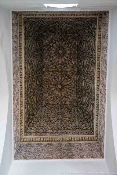 Rectangular dark wooden ceiling panel covered with repeating floral and geometric ornament.