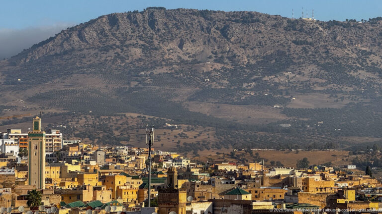 Dense Fez cityscape with several towers in the foreground and a broad rocky ridge rising behind.