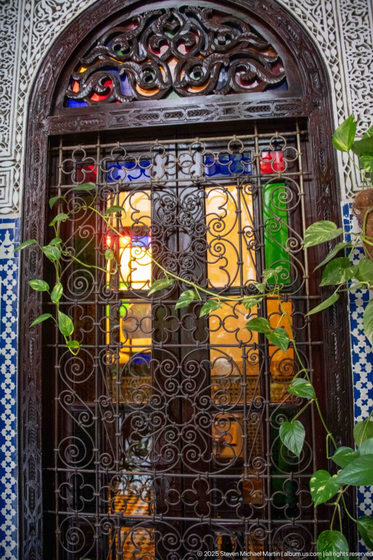 Decorative iron grille over colored glass and dark carved wood, with carved plaster, blue-and-white tilework, and green vines.