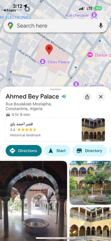 Digital map listing for Ahmed Bey Palace in Constantine, with place name, rating, museum label, and interior thumbnails.
