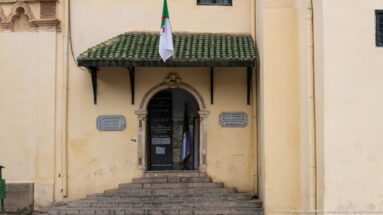 Stone steps leading to an arched palace entrance beneath a green-tiled canopy, with the Algerian flag above and plaques beside the door.