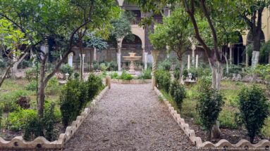 Gravel garden path bordered by clipped shrubs and mature trees leading toward a small fountain and palace arcades.