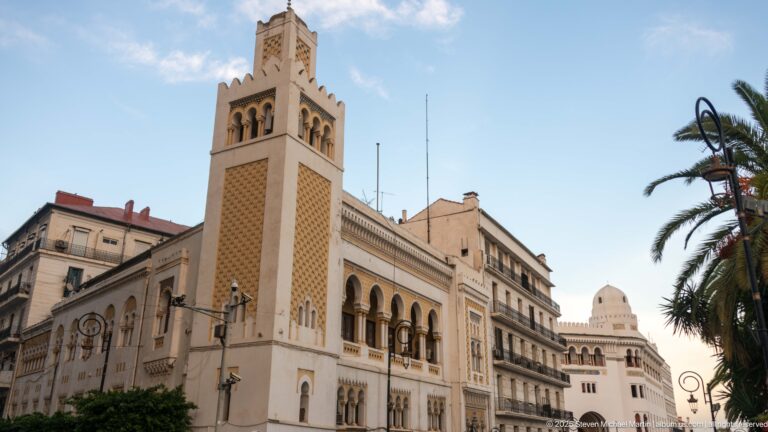 Historic Algiers building with tall square tower, arcades, patterned masonry, and palm trees.