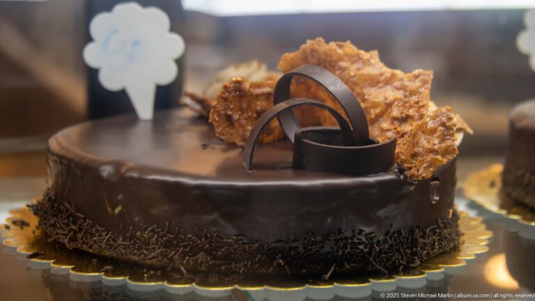 Round glossy chocolate cake decorated with chocolate curls, sprinkles, and pieces of nut brittle.