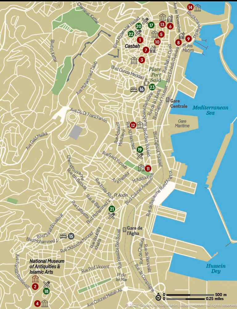 Illustrated Algiers city map with numbered attractions, museum symbols, streets, hills, and the Mediterranean waterfront.