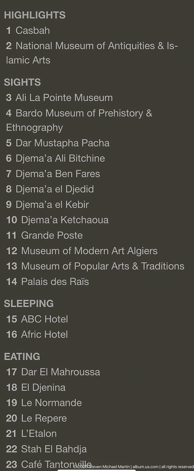 Dark text page listing Algiers museums, attractions, hotels, and places to eat in numbered sections.