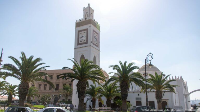 White mosque with clock-faced square minaret and rounded dome framed by palm trees in Algiers.