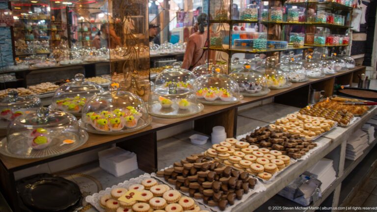 Bakery counter crowded with assorted cookies, pastries, cakes, and sweets under glass domes and on open trays.