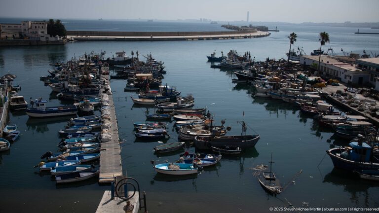 Elevated view of long quays crowded with small fishing boats inside Algiers harbor.