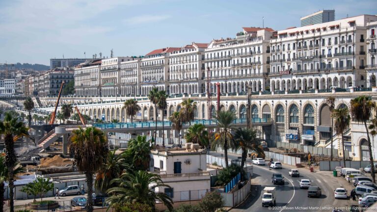 Long row of historic waterfront buildings with lower arcades, palm trees, and a curving road in Algiers.
