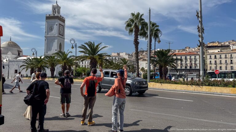 Pedestrians and cars at a broad Algiers intersection with palm trees, historic buildings, and a mosque minaret behind.