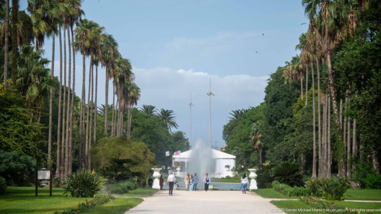 Long straight garden avenue lined with tall palms and hedges, leading toward a distant white fountain.