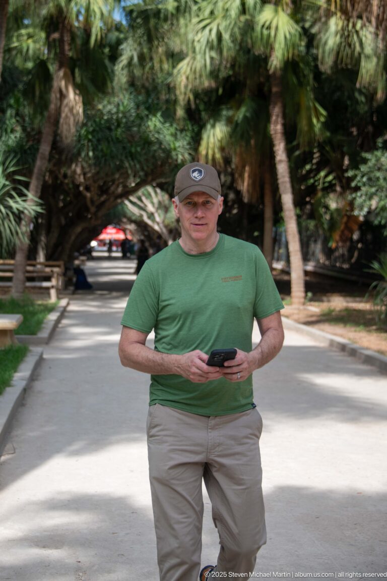 Man in a green shirt standing on a broad shaded garden path while holding a phone.