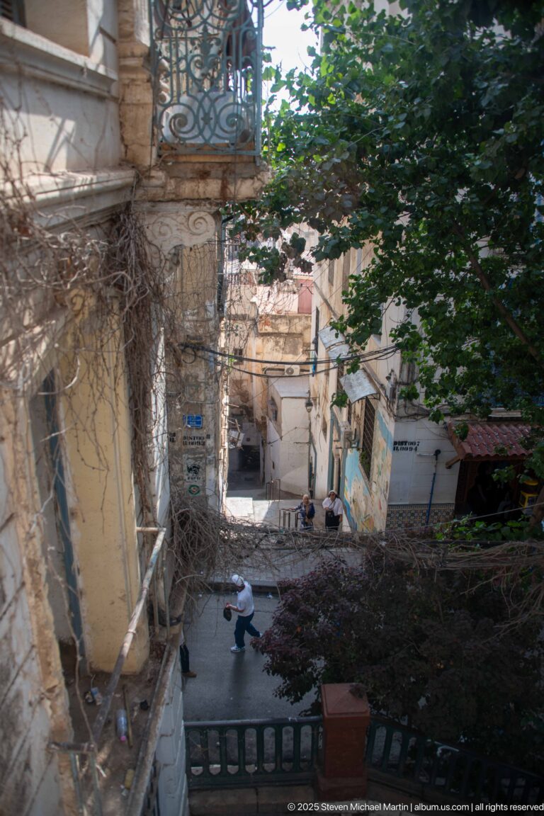 Elevated view into a shaded Casbah courtyard with mature trees, ornate balconies, and a lone pedestrian.