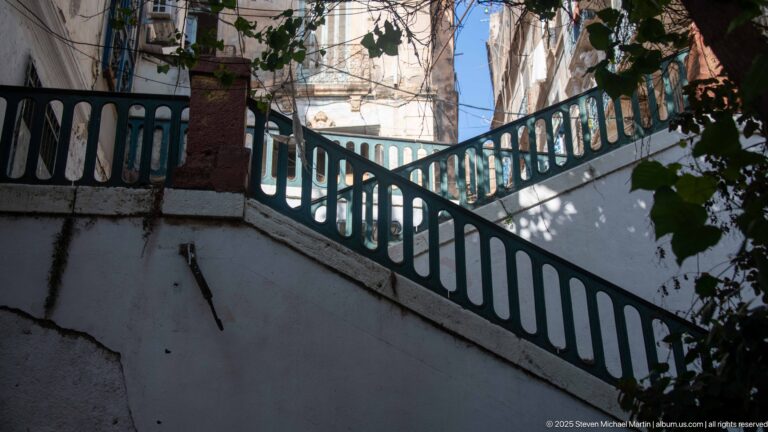 White outdoor stair with green pierced balustrade curving upward beneath leafy tree branches.
