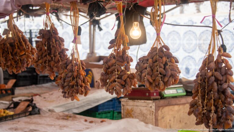 Bundles of brown dates hanging from cords at a market stall beneath a bare light bulb.