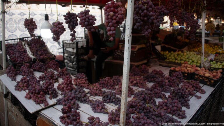 Large market display of purple grape clusters spread across a table and hanging overhead.
