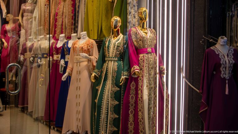 Full-length mannequins wearing cream, green, magenta, and other ornate embroidered dresses inside a clothing shop.