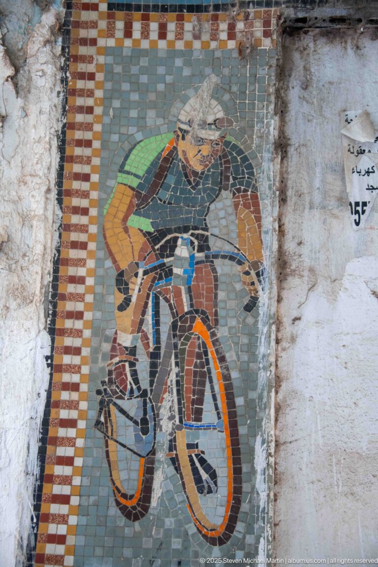 Colorful mosaic of a cyclist riding an orange-and-black bicycle, framed by patterned tiles on a weathered wall.
