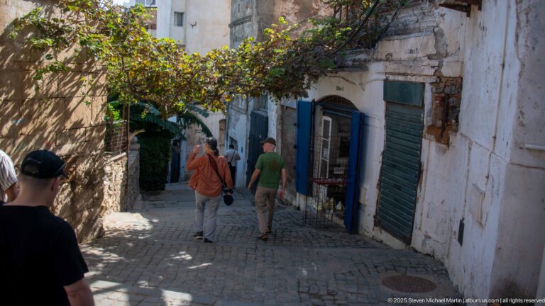 Visitors walking along a shaded paved Casbah lane bordered by white walls, green shutters, weathered doors, and overhead vines.