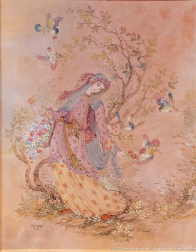 Miniature-style painting of a woman bending among flowers beneath a flowering tree, with small birds in the branches.