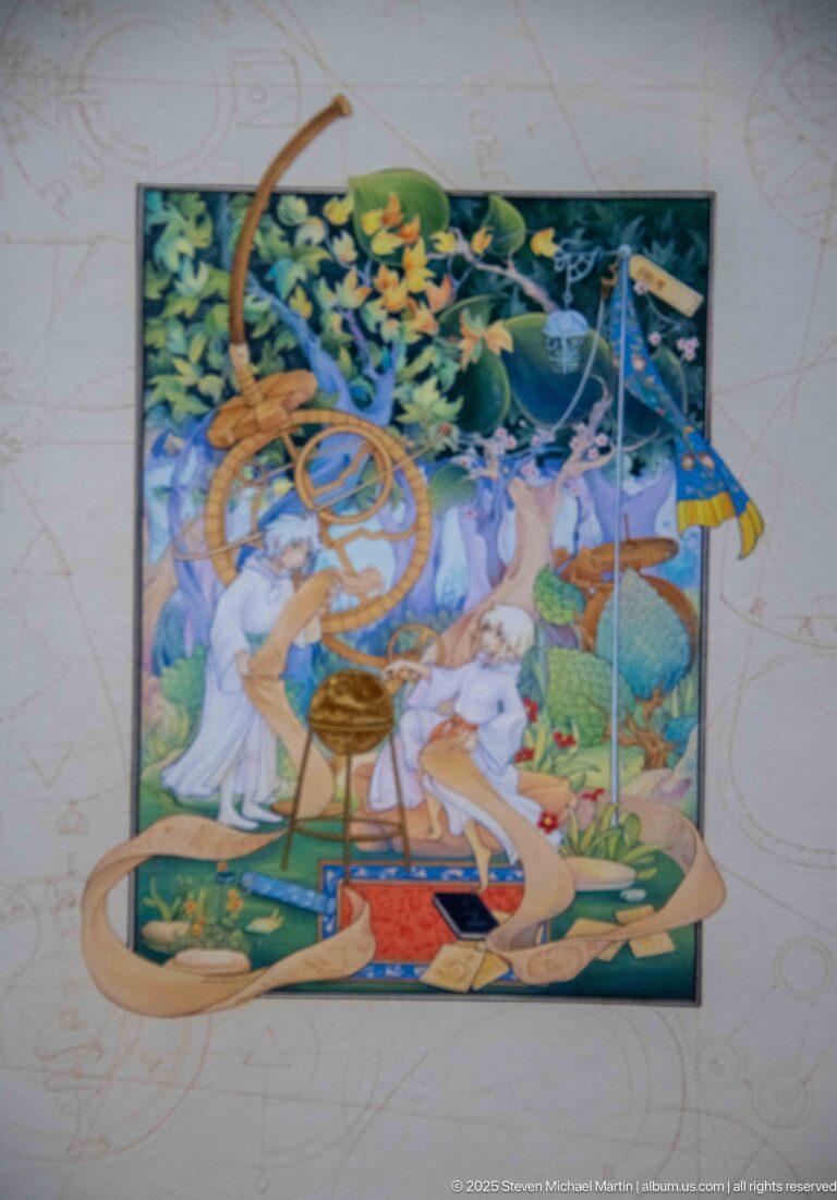 Colorful miniature with seated figures and garden foliage crossed by large looping tan calligraphic or ornamental forms.