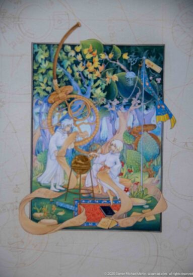 Colorful miniature with seated figures and garden foliage crossed by large looping tan calligraphic or ornamental forms.