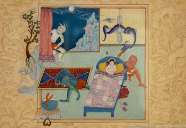Miniature painting of a sleeping figure in bed surrounded by colorful fantastic creatures, with a moonlit landscape visible at upper left.