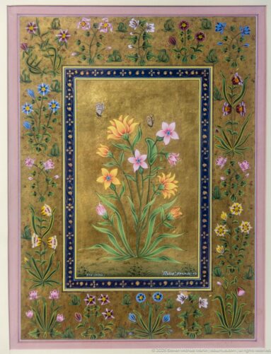 Central bouquet of multicolored flowers on gold, surrounded by a dark frame and a wider border filled with flowering plants and small creatures.