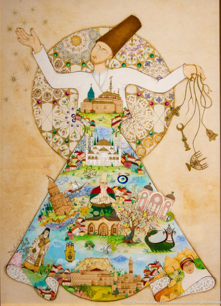 Garment-shaped illustrated composition filled with colorful buildings, gardens, monuments, and figures, with cords and tassels extending at right.