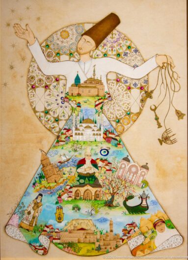 Garment-shaped illustrated composition filled with colorful buildings, gardens, monuments, and figures, with cords and tassels extending at right.