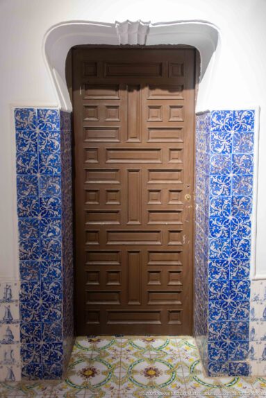 Large brown paneled wooden door between vertical blue patterned tile bands, with multicolored floor tiles at the threshold.