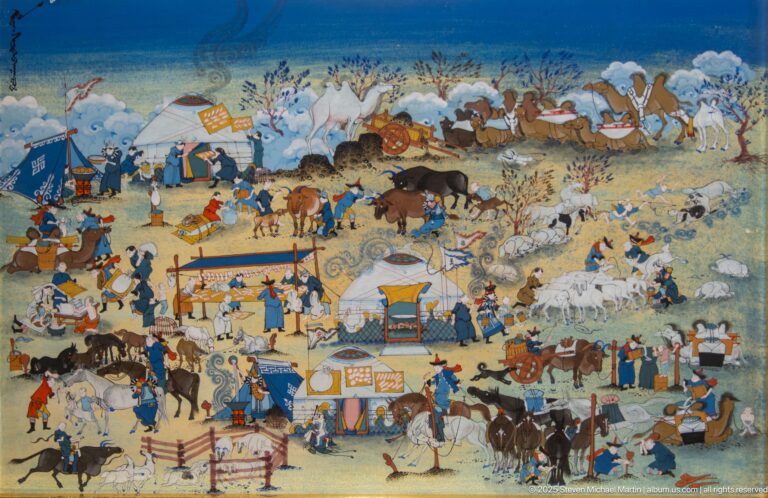 Detailed miniature of an encampment with many people, horses, camels, tents, carts, and livestock across an open landscape.