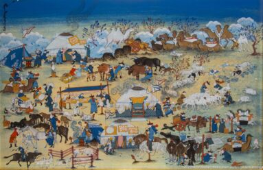 Detailed miniature of an encampment with many people, horses, camels, tents, carts, and livestock across an open landscape.