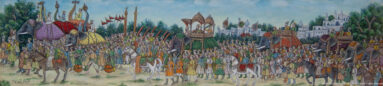 Historical painting of richly dressed mounted figures leading a dense procession with standards and long weapons before a distant city.