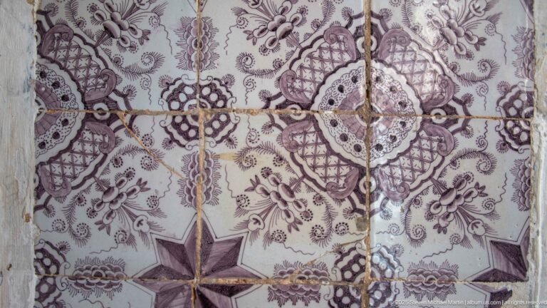 Close view of pale ceramic tiles with purple floral medallions, leafy ornament, pointed stars, cracks, and worn grout lines.