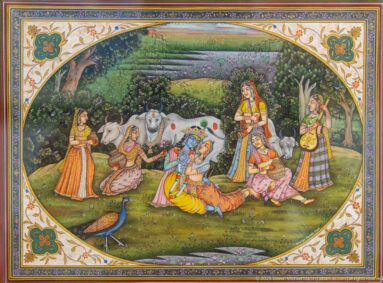 Miniature painting of richly dressed figures gathered with cattle in a green landscape, with a peacock in the foreground.