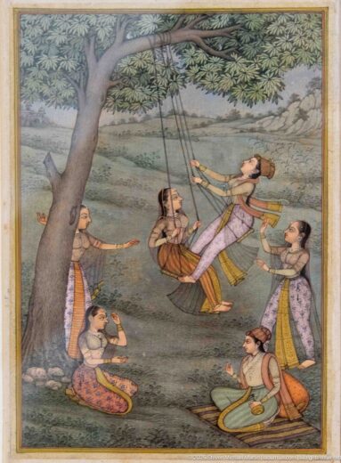 Miniature painting of two figures on a swing beneath a tree, surrounded by attendants and a seated drummer.
