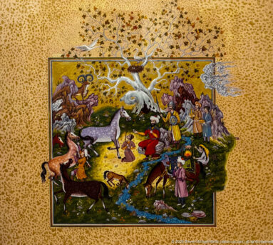 Miniature painting of hunters and deer-like animals in a rocky landscape with stream and trees, surrounded by a stippled gold margin.