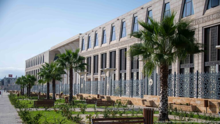 Palm-lined walkway beside the mosque’s long stone facade with dark windows and geometric perimeter screens.