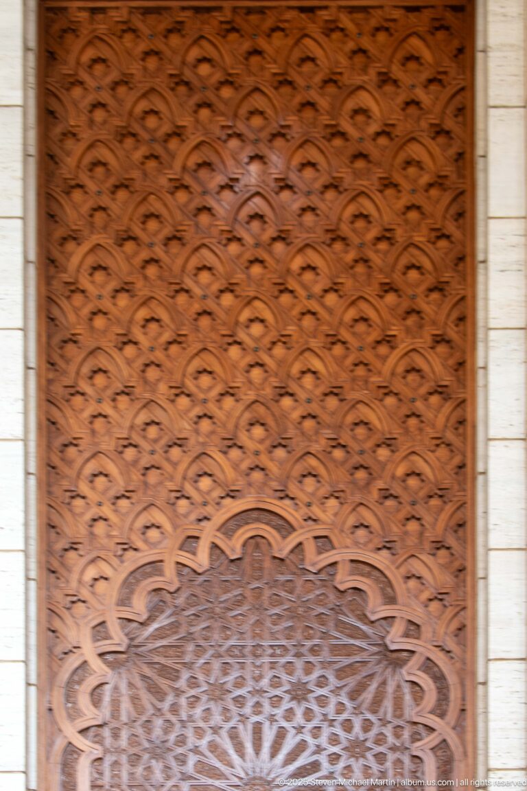 Close view of a dark carved wooden door with dense arabesque relief and a large pointed-arch medallion.