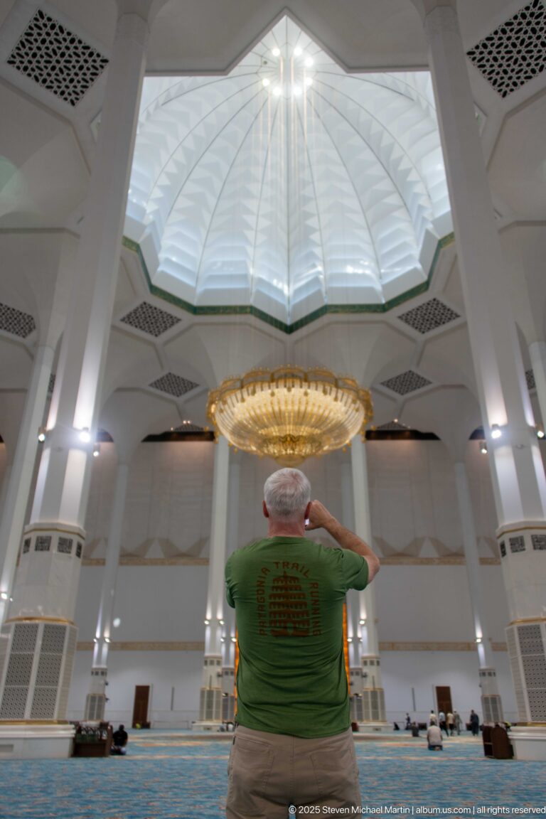 Man seen from behind looks upward beneath a chandelier toward the glowing qibla wall in the mosque.