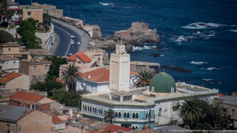 Coastal mosque in Algiers with green dome, square minaret, white arcades, palm trees, and the Mediterranean behind.