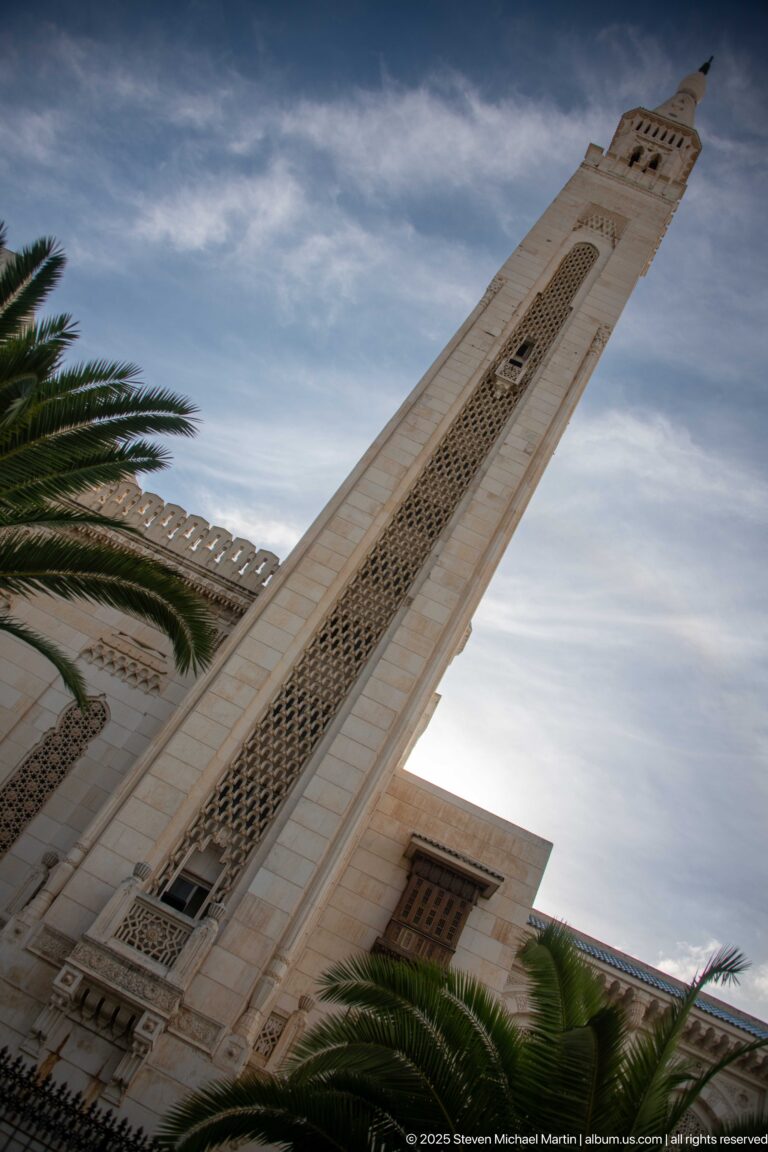 Steep upward view of one slender decorated minaret, with palm fronds and part of the mosque façade below.