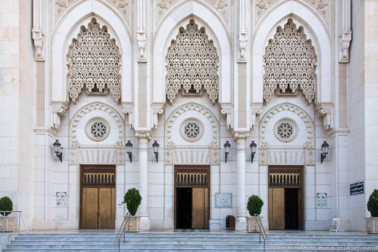 Three ornate mosque entrances with bronze-toned doors, circular rosettes, pierced panels, steps, and small trees.